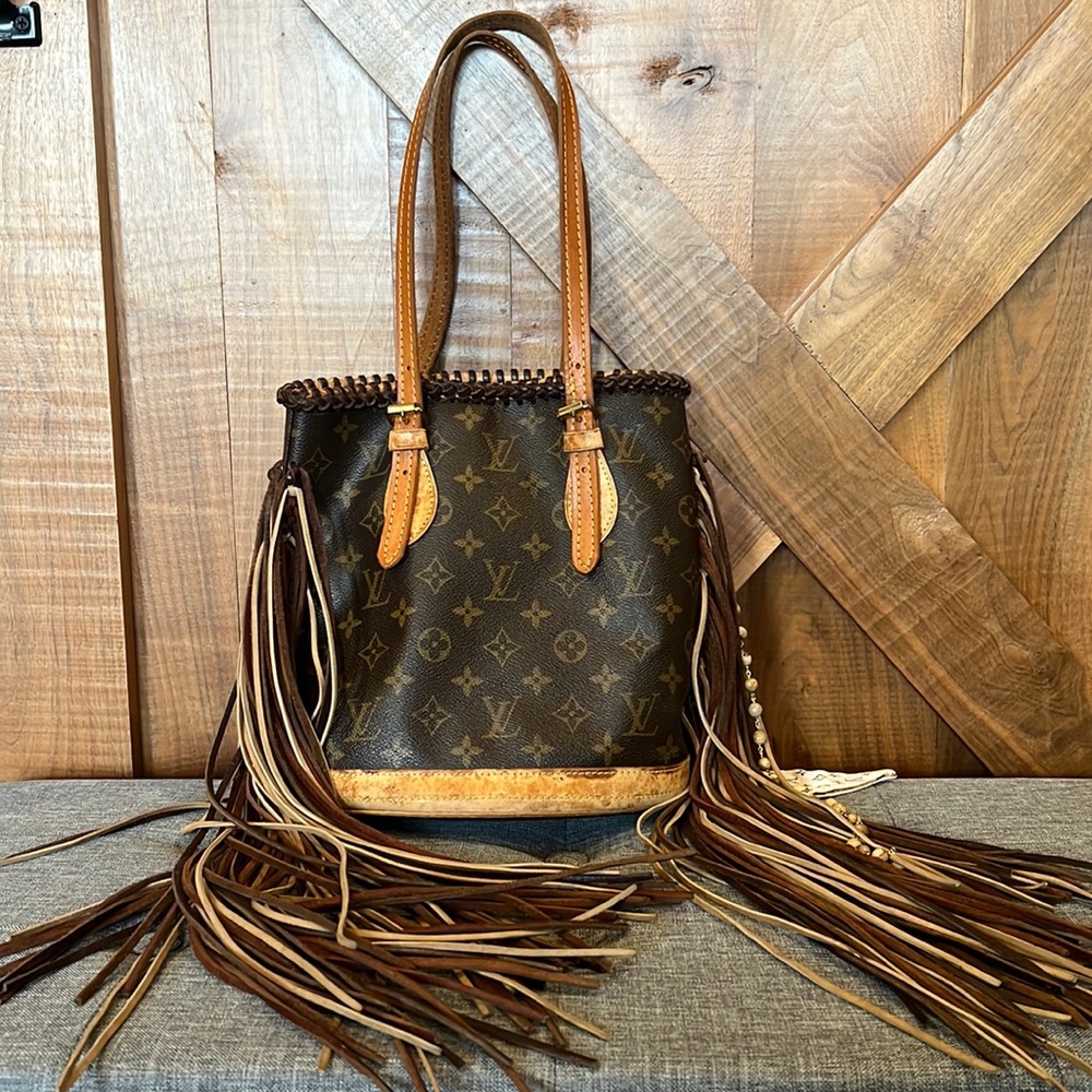 Vintage Boho made Louis Vuitton fringed bucket tote bag